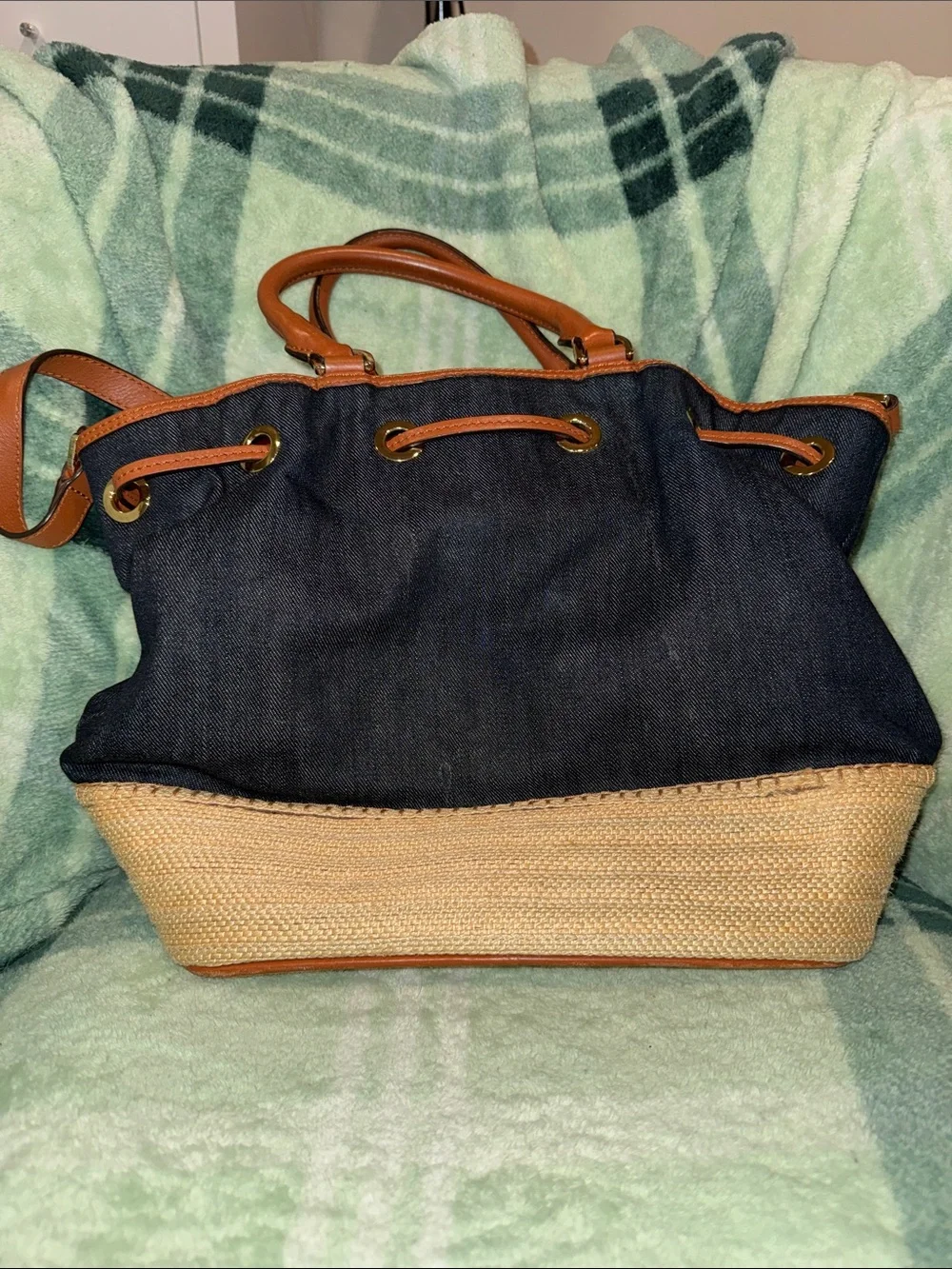 Michael Kors Navy Denim & Tan Leather Raffia Drawstring Shoulder Bag